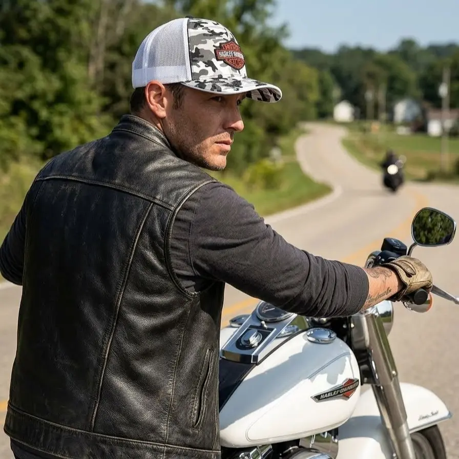 Pacific Headwear Harley Patched Snow Camo Flexfit Trucker Hat