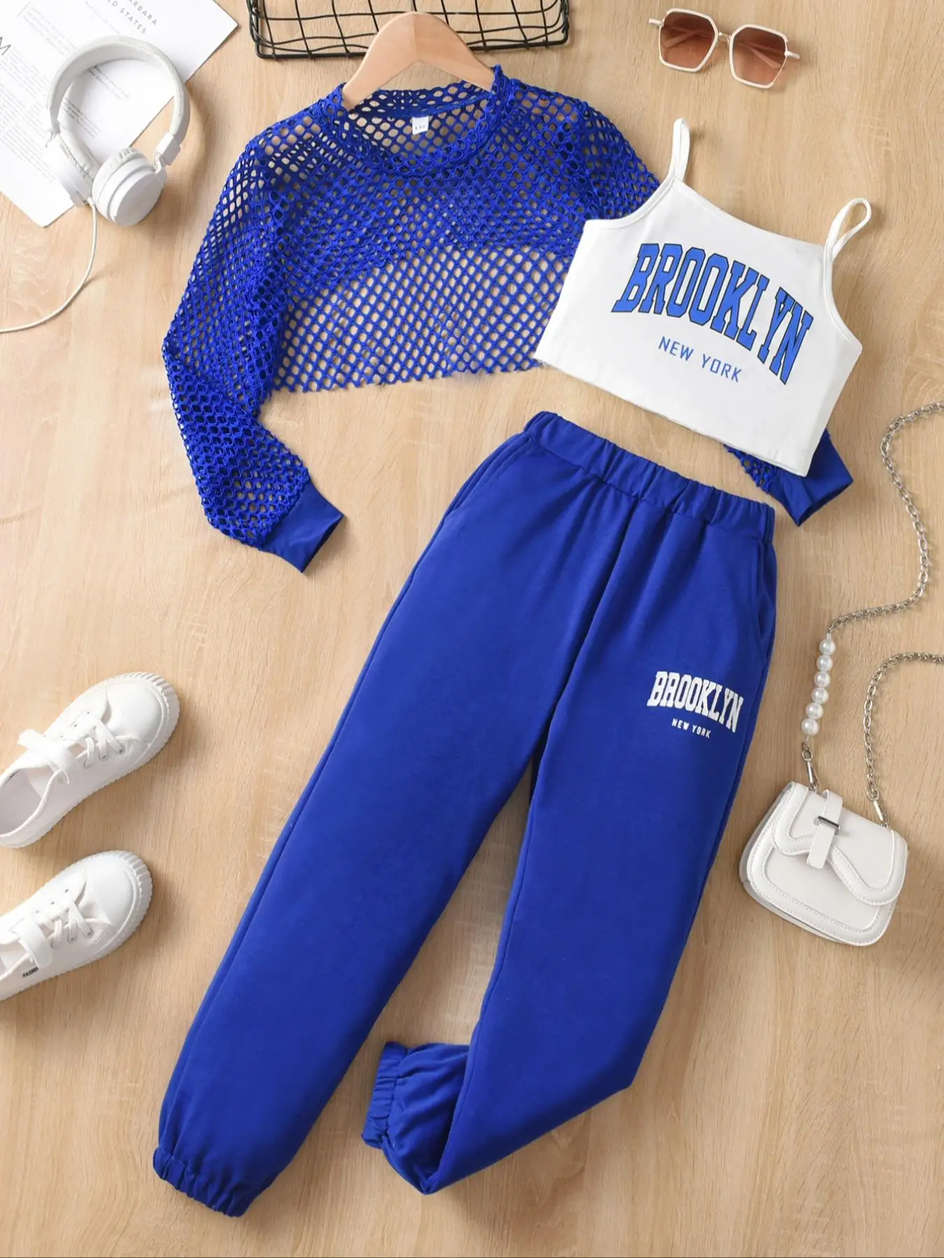 Three-Piece Set Girl's Letter Print Crop Cami Top & Hollow Out Crop Cover Up Top & Elastic Waist Pants Set, Casual Fashion Three-piece Outfits for Dai