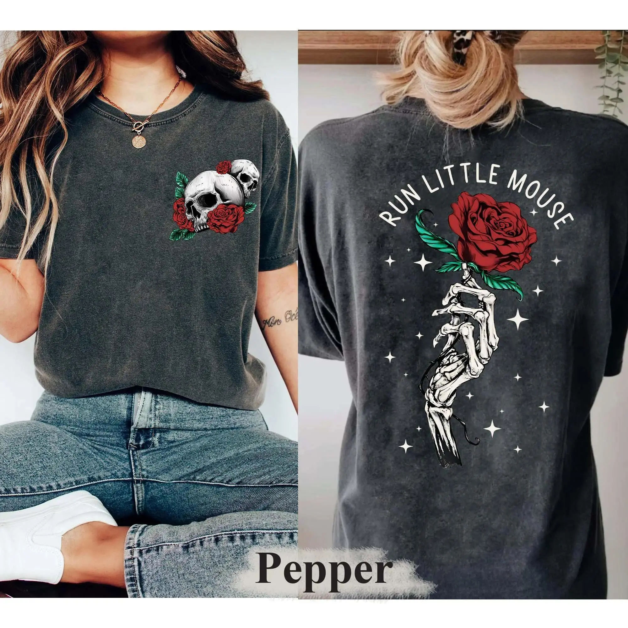 Run Little Mouse Rose Skeleton Graphic T Shirt 100% Cotton Gothic Dark Romance Reader Tee Skull Floral Short Sleeve Crew Neck Casual Unisex Streetwear Bookish Style Gift for Romance Book Lovers Women Men