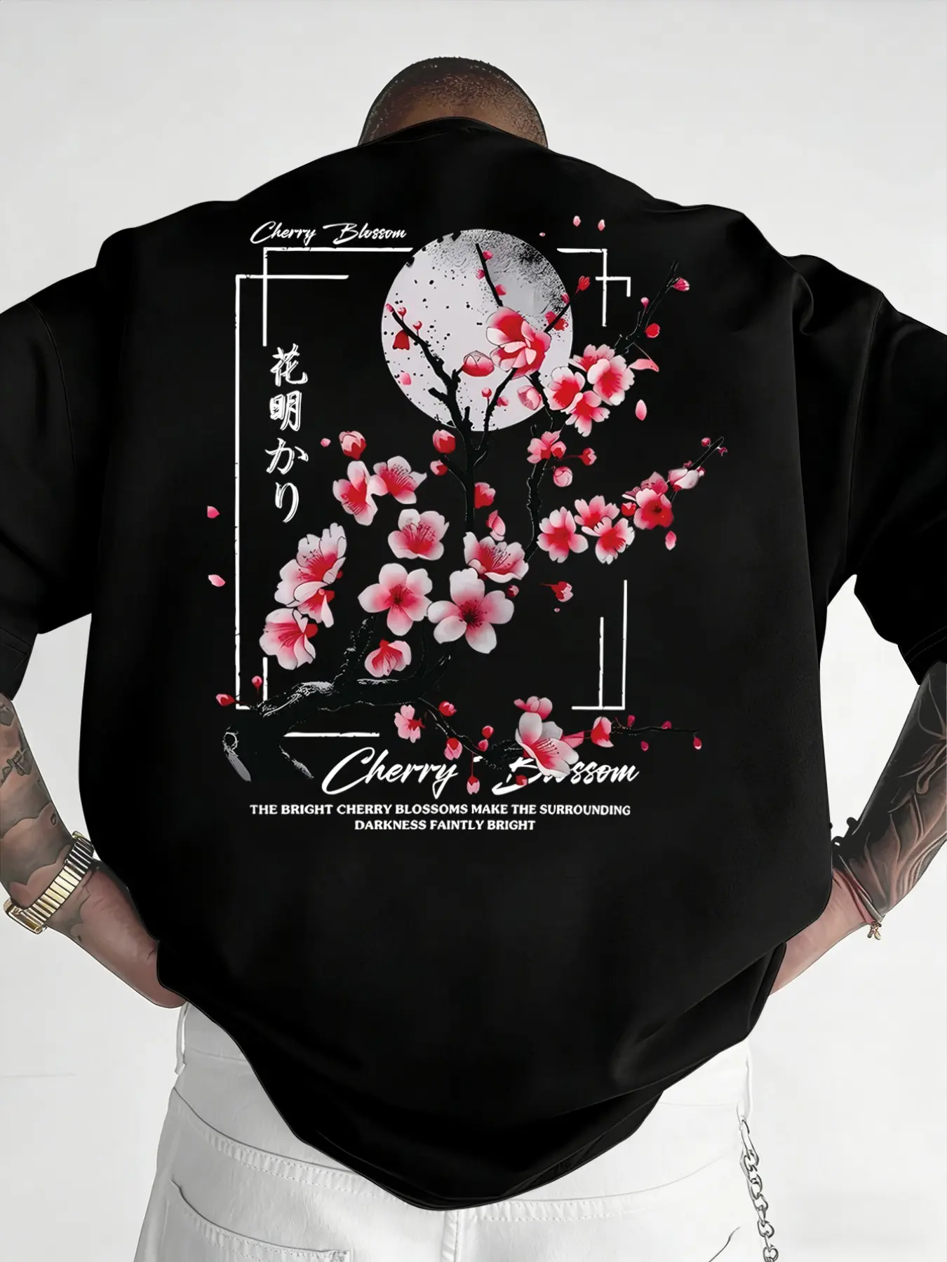 Men's Round Neck Cherry Sakura Floral Print Short Sleeve T-Shirt, Casual Stylish Tee, Casual Streetwear Versatile Top for Summer Outdoor Activities, Fitted H-Type Design