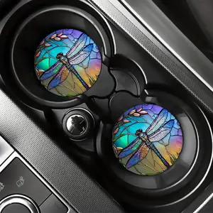 2Pcs Dragonfly Car Coasters Absorbent Cup Holder Mat Stained Glass Automobile Beverage Pad Tiffany Style Vehicle Interior Accessories Gift for Women