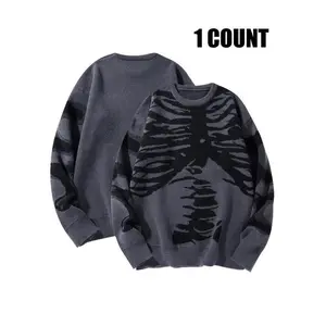 Men’s skeleton print drop-shoulder sweater, regular fit casual long-sleeve crewneck jumper for fall and winter, fashionable men’s knitwear for daily wear, Halloween