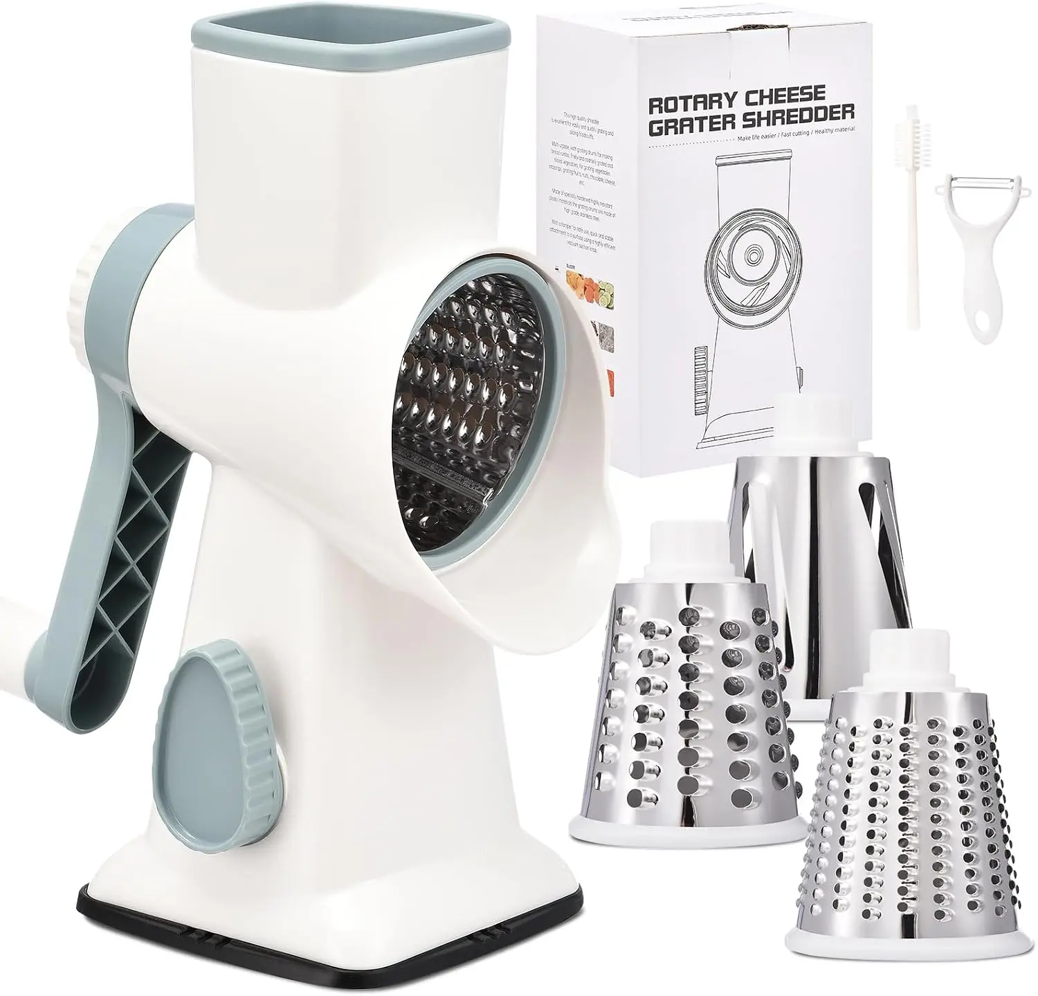 White Hand Crank Rotary Cheese Grater - Kitchen Utensil with 3 Interchangeable Blades for Shredding, Slicing Cheese, Vegetables