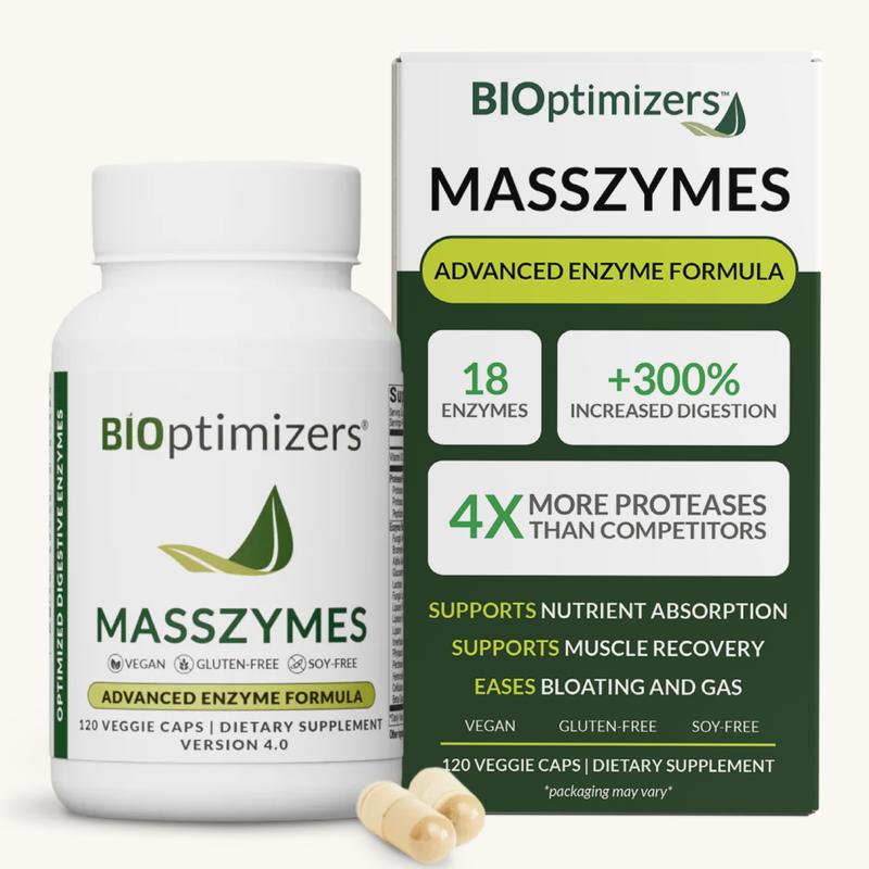 BiOptimizers MassZymes – High-Potency Digestive Enzymes with Protease & AstraZyme for Protein Absorption, Bloating & Gut Comfort, 365-Day Guarantee