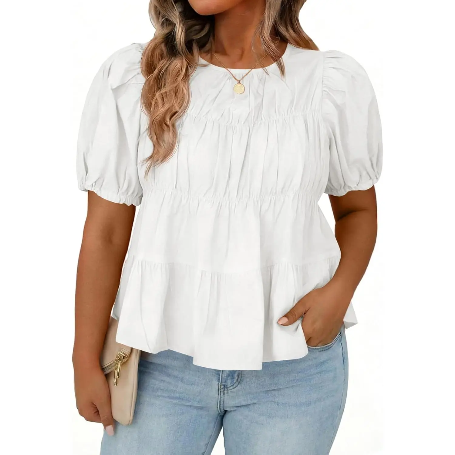 TANKANEO Women's Plus Size Casual Puff Sleeve Peplum Blouse - Loose, Cute Smocked Round Neck, Lightweight Flowy Cotton Babydoll Top with Pleated Details (Cute Tops for Curvy Figures, Plus Size Essential)