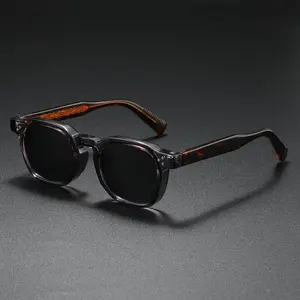 Vintage Square - Frame Sunglasses: Transparent Gray Acetate Frame, Tortoise - Patterned & Engraved Temples, Black Lenses