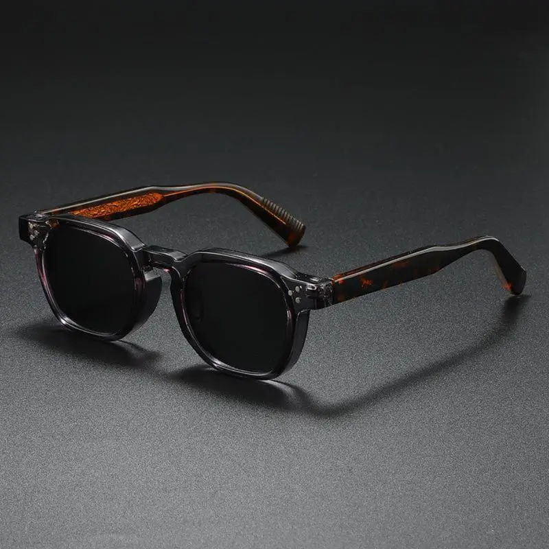 Trendy Vintage Tortoiseshell Men's Sunglasses - Square Transparent Gray Acetate Frame, Engraved Temples, Black UV Protection Lenses, Lightweight Party & Gallery Visit Eyewear Accessory, Tortoiseshell Sunglasses, Trendy Vintage Sunglasses