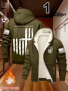Men's 1776 Patriotic Sherpa-Lined Hoodie - Distressed American Flag Graphic, Windbreak Warm Zip-Up Jacket