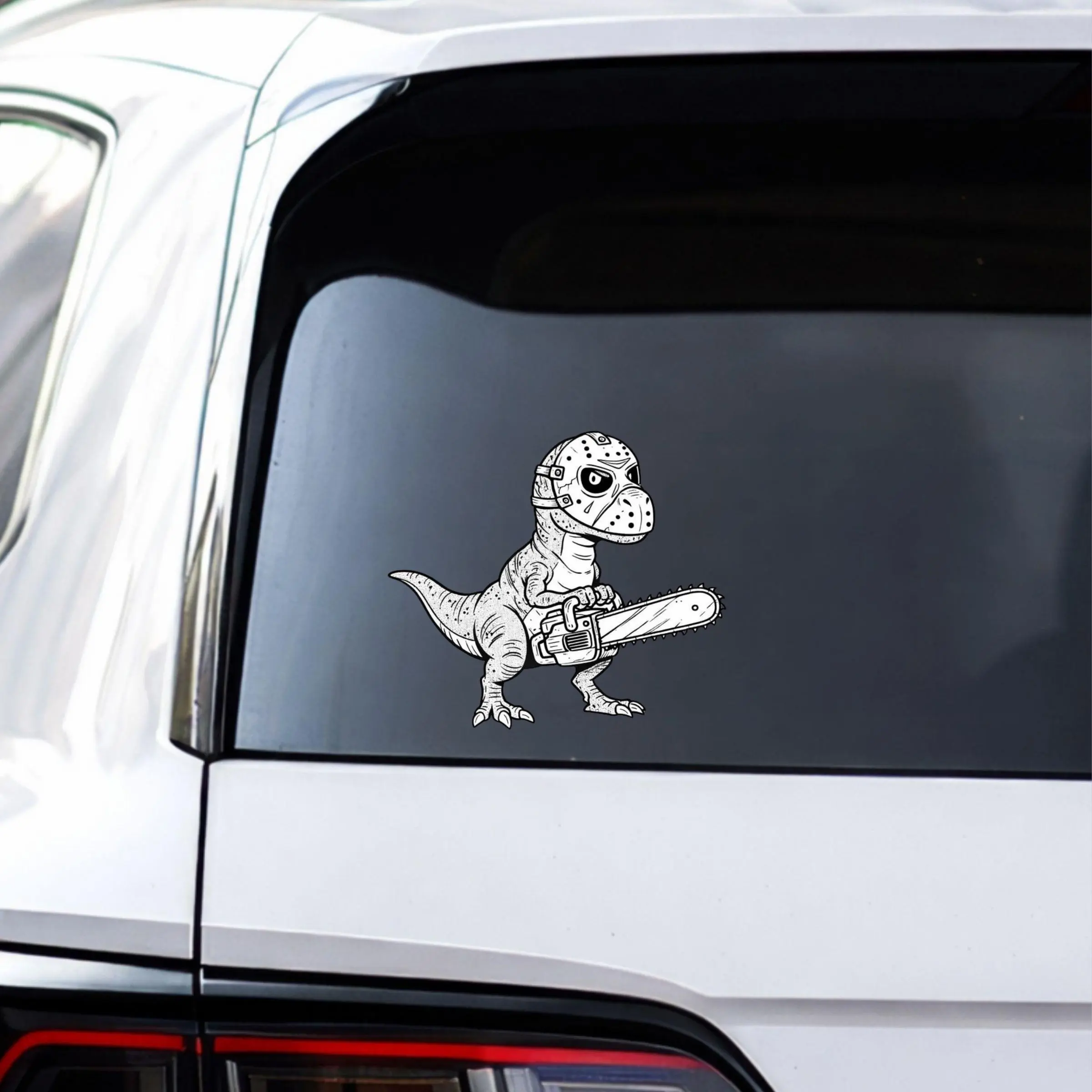 Creepy Cute Monster Dinosaur Sticker, Spooky Hockey Mask Chainsaw Vinyl Decal, Funny Dinosaur Horror Aesthetic Laptop Sticker