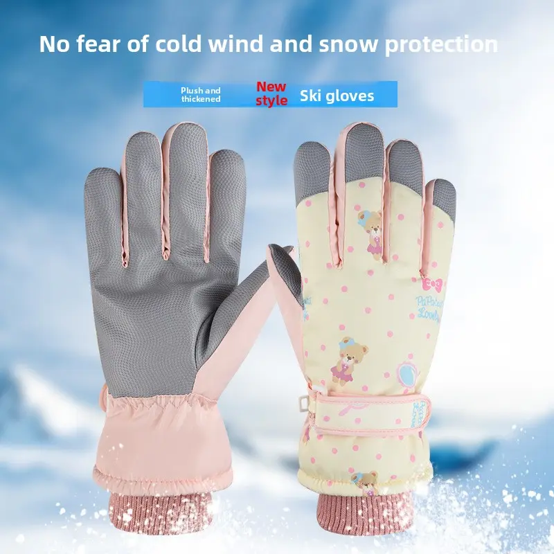 Beige cute bear ski gloves women's winter Korean warm velvet thickened outdoor windproof and cold cycling tide