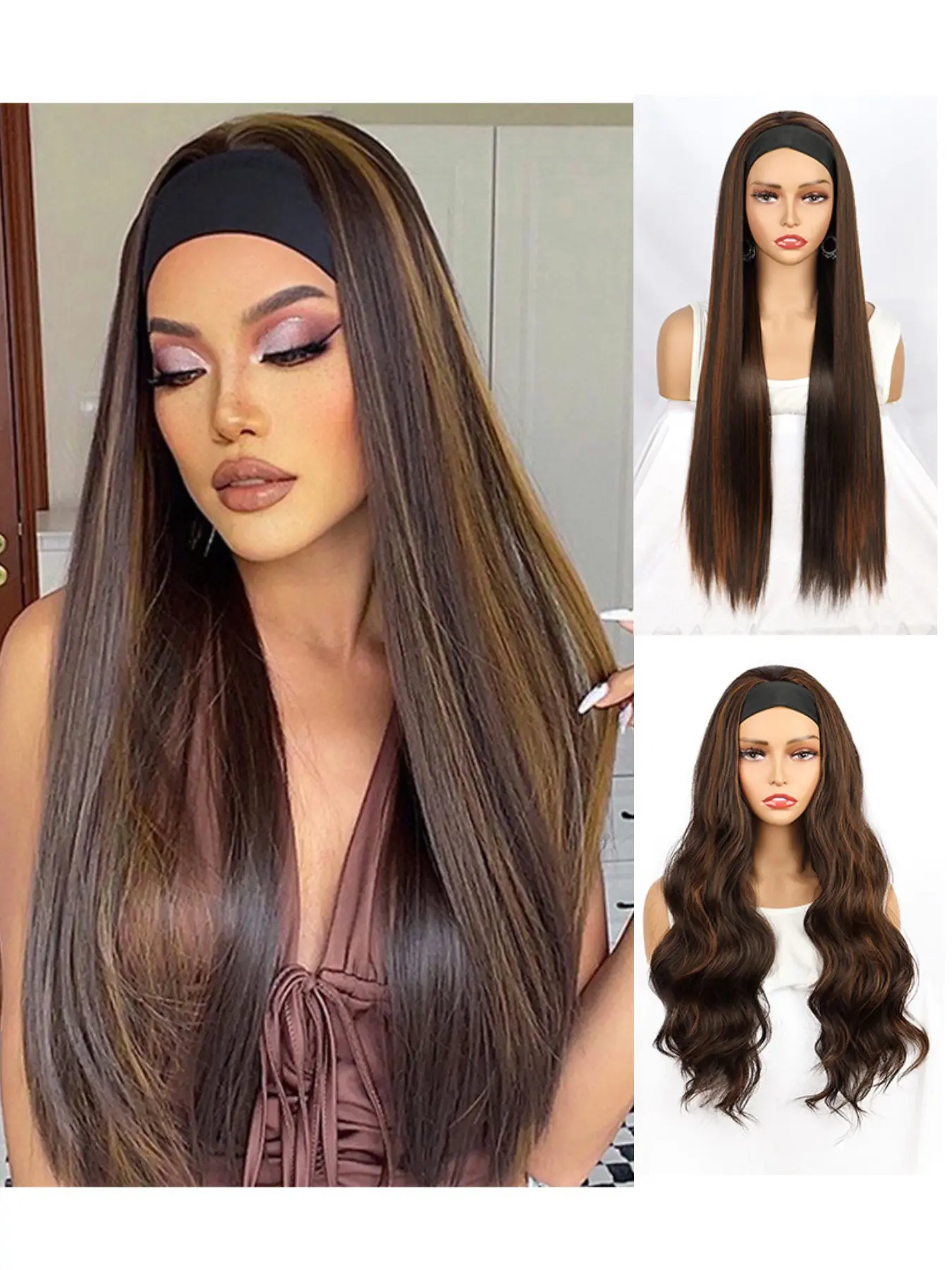 Women's No Glue Headband Wig, Hair Wig, Large Wave Silk Scarf Cap, Suitable for Women, Versatile Laceless Wig, Perfect Fit, Glueless Wigs