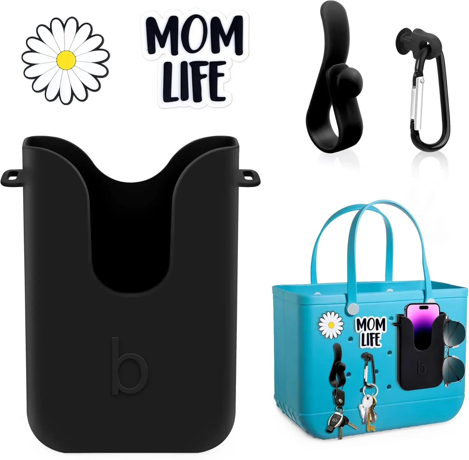 Black Silicone Phone Holder for Bogg Bag - Beach Tote Accessory with 2 Charms, 2 Key Hooks, Charms & Twillies Compatibility, Mini Bag Accessories, Bag Charm