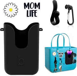Silicone Phone Holder Compatible with Bogg Bag, Phone Case Holder Charms Accessory for All Beach Totes, Bogg Bag Accessories, with 2Pcs Charms & 2Pcs Key Hooks, Black