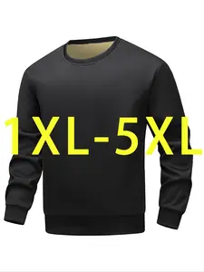 Men's Plus Size Casual Solid Color Fleece Lined Sweatshirt, Long Sleeve Round Neck, Fall Winter Comfortable Pullover