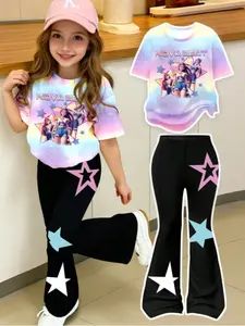 Youth Girls Casual Fashion Set, Creative Personalized Fresh Minimalist Color Gradient Star Letter Slogan Print, Comfortable Short T-Shirt & Bell Pants