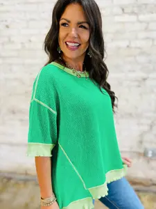 Women's Casual Short Sleeve T-Shirts Round Neck Drop Shoulder Twisted Rib Knit Tops Patchwork Uneven Hem Loose Fit Tunic Blouse