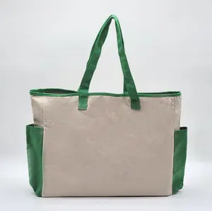 Canvas Tote Bag with Side Pocket - 24" x 15" Spacious Eco-Friendly Cotton Canvas Tote with Green Handles & Deep Side Pockets for Shopping Travel or Beach Days