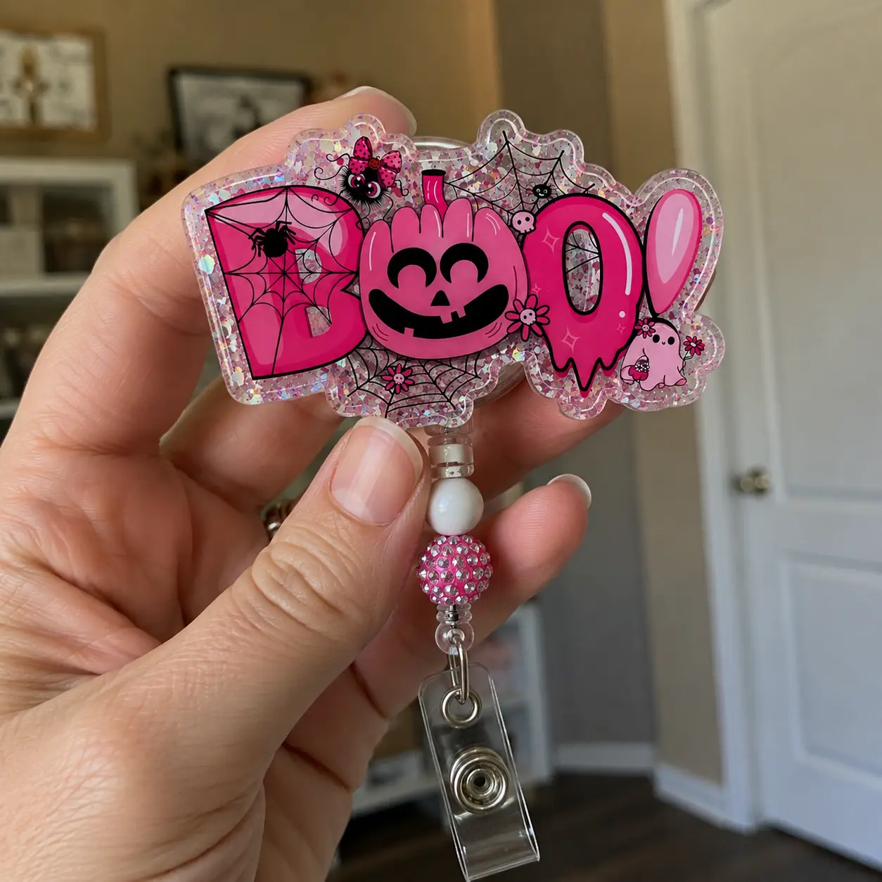 Pink Halloween Boo Badge Reel, Spooky Ghost Pumpkin Spider Web Acrylic Badge Holder, Holographic Glitter Retractable ID Clip, Cute Fall Work Accessory