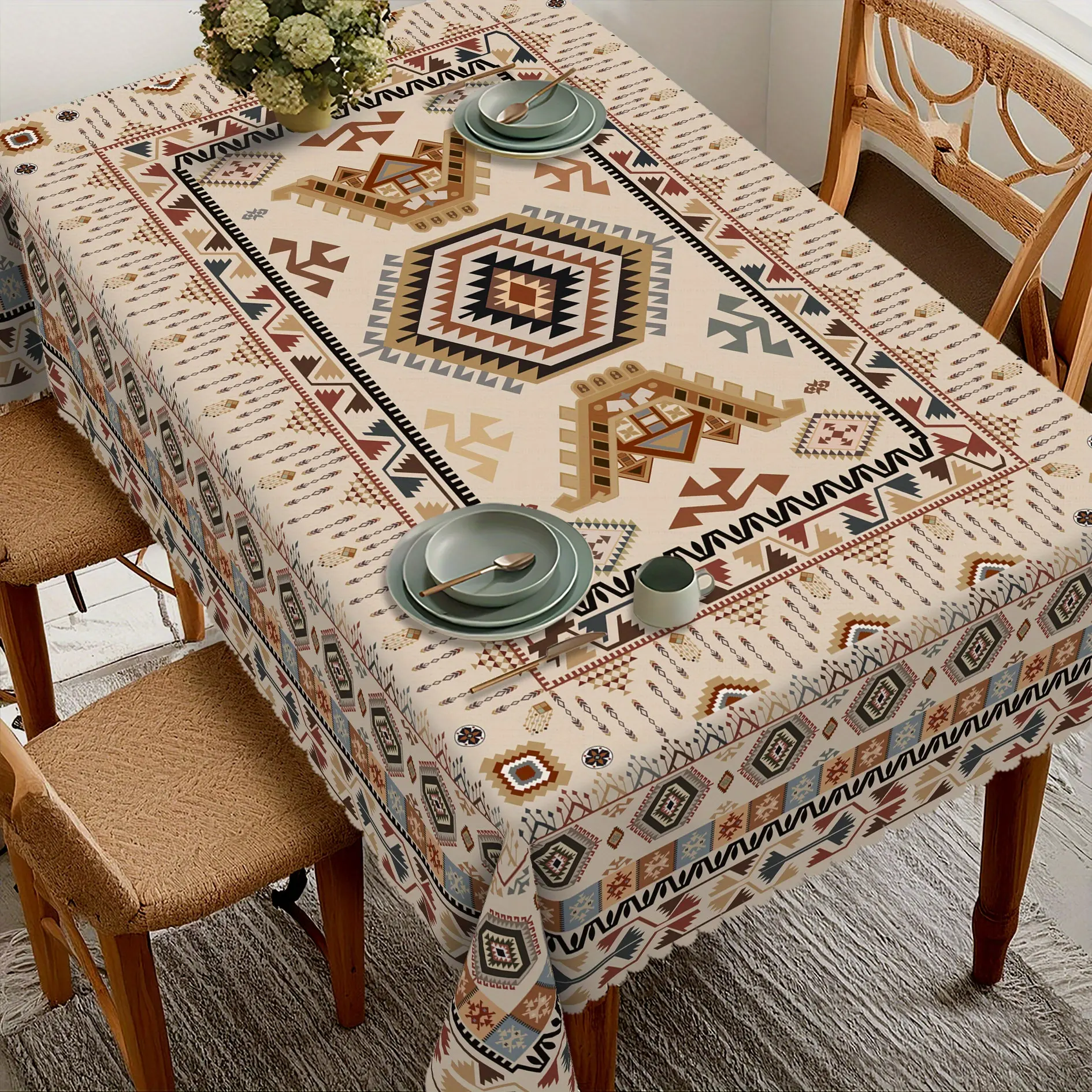 Vintage Bohemian Rectangular Tablecloth - Geometric Ethnic African Design, Durable Stain-Resistant Polyester, Rustic Home Decor for Spring/Summer, Easter, Indoor-Outdoor Kitchen Dining Use, Easy Maintenance