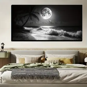 Black and White Ocean Beach Wall Decor Moon Sea Canvas Print Art Ocean Painting Seascape Poster Wall Painting Landscape Palm Tree Mural Suitable for Living Room Ornaments Artistic Fashion Photo Outdoors Decoration