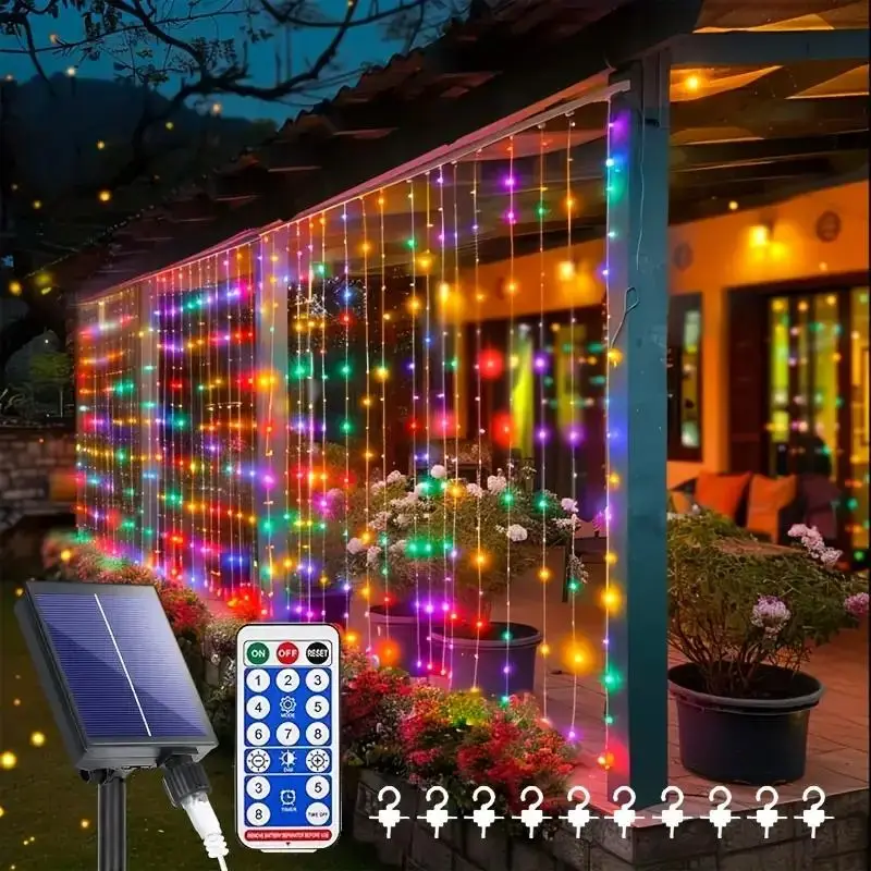 Solar Powered LED Curtain Light with Remote Control, 8 Light Modes Decorative String Light with Timer & Hook, Decorative Light for Garden, Yard, Party