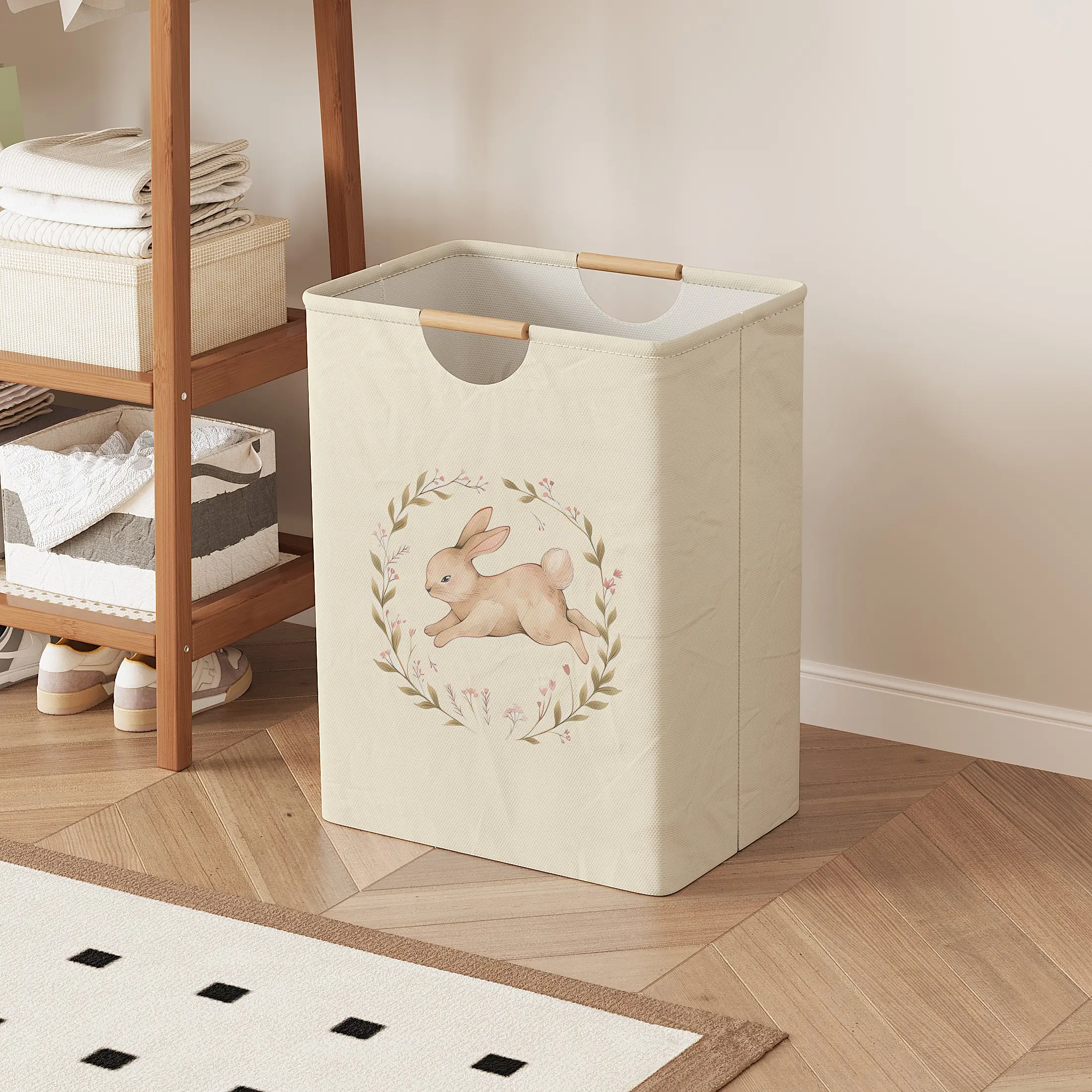 Rabbit Pattern Print Open Storage Box, Foldable Laundry Basket with Handle, Home Bathroom Folding Clothes Storage Bucket, Laundry Hamper, Collapsible Laundry Hamper, Clothes Baskets