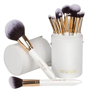 OMANIAC Makeup Brush Set Professional, 12 Pearlescent Wood Handle Makeup Brushes, Premium Cruelty-Free Synthetic Fiber Hair, Travel Make up Brushes Set with Case (White).
