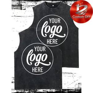 Summer Retro Customized Men's Training Sleeveless T-shirt Double Sided Design Custom Logo Vintage Washed Black Sleeveless Tank Top, Personalized Your Design Here Retro Streetwear, Customized Cotton Tank for Team Building & Corporate Gifts