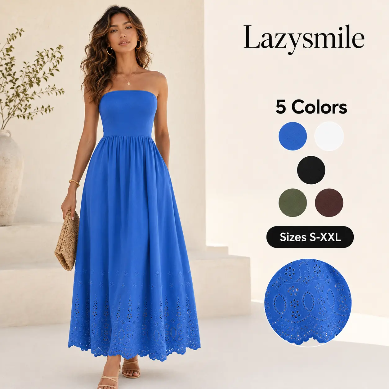 LAZYSMILE Women's Strapless-Tube A-Line Maxi Dress - Sleeveless, Lace Trim, Lace Backless Casual Dress for Summer Beach, Casual Outings