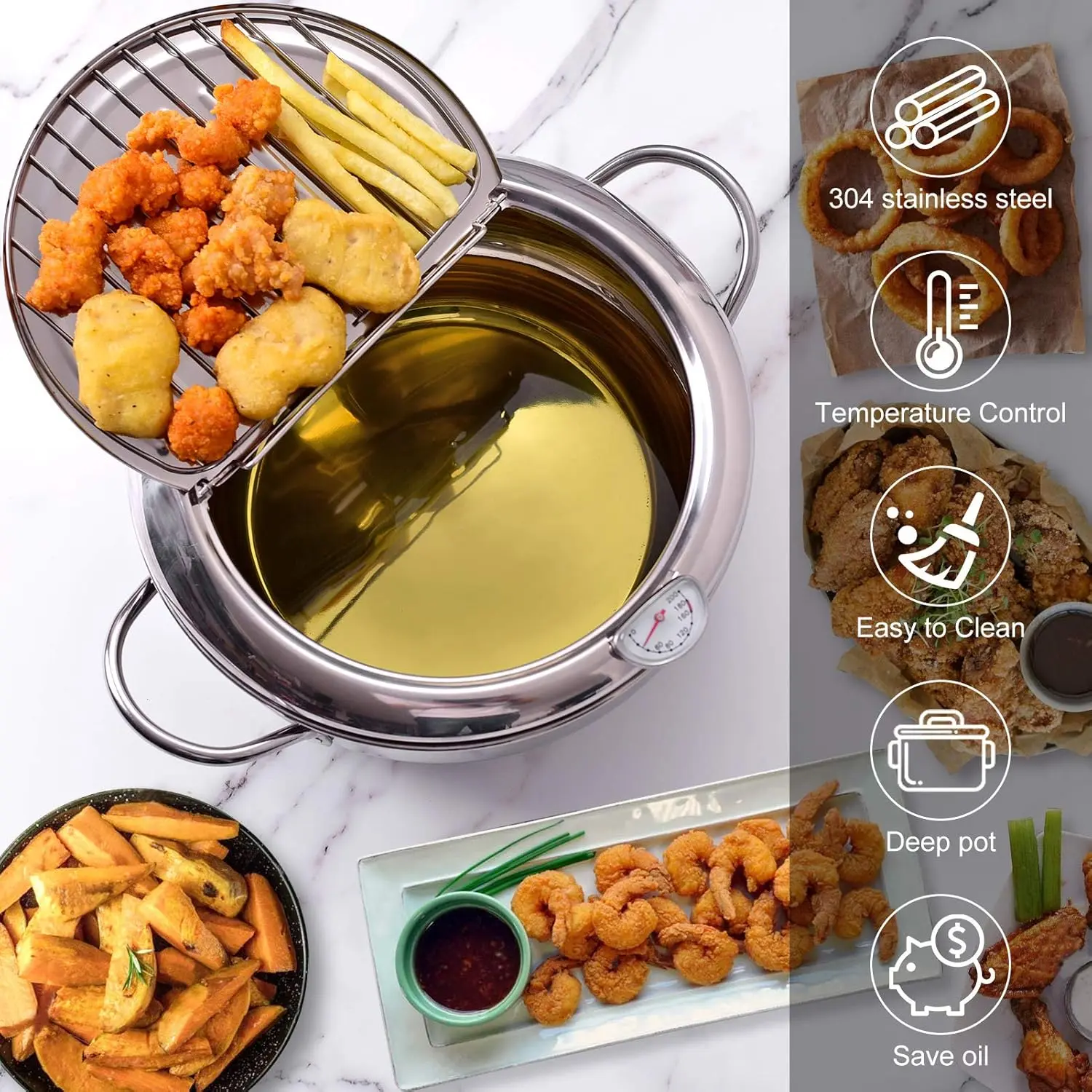 Deep Fryer Pot, 304 Stainless Steel Japanese Frying Pot with Oil Drain, Temperature Control and Lid, Tempura Deep Fryer Pot for Kitchen Stove/Induction Cooker French Fries Fryer Chicken