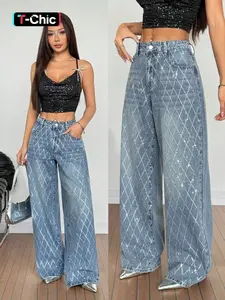 High-Waisted Loose Rhombus Studs Wide-Leg Jeans for Women, Pants, Streetwear, Spring 2026 New Fashion Vintage Slimming Versatile Floor-Length Denim Jeans