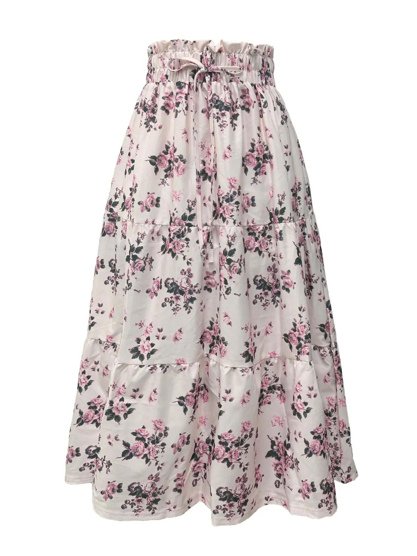 Women's Floral Print Belted Drawstring Adjustable Multi-Layer Ruffle Hem Stretch Loose Feeling Skirt, Elegant Casual Skirt, Womenswear, Perfect for Vacation Casual Wear, Spring Summer Fall Aesthetic Fashion