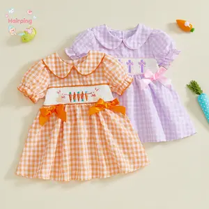 Toddler Baby Girl Easter Dress - Orange Gingham Check Short Puff Sleeve Dress with Bunny & Carrot Embroidery, Ruffled Collar & Bow Detail Spring Casual Party Wear