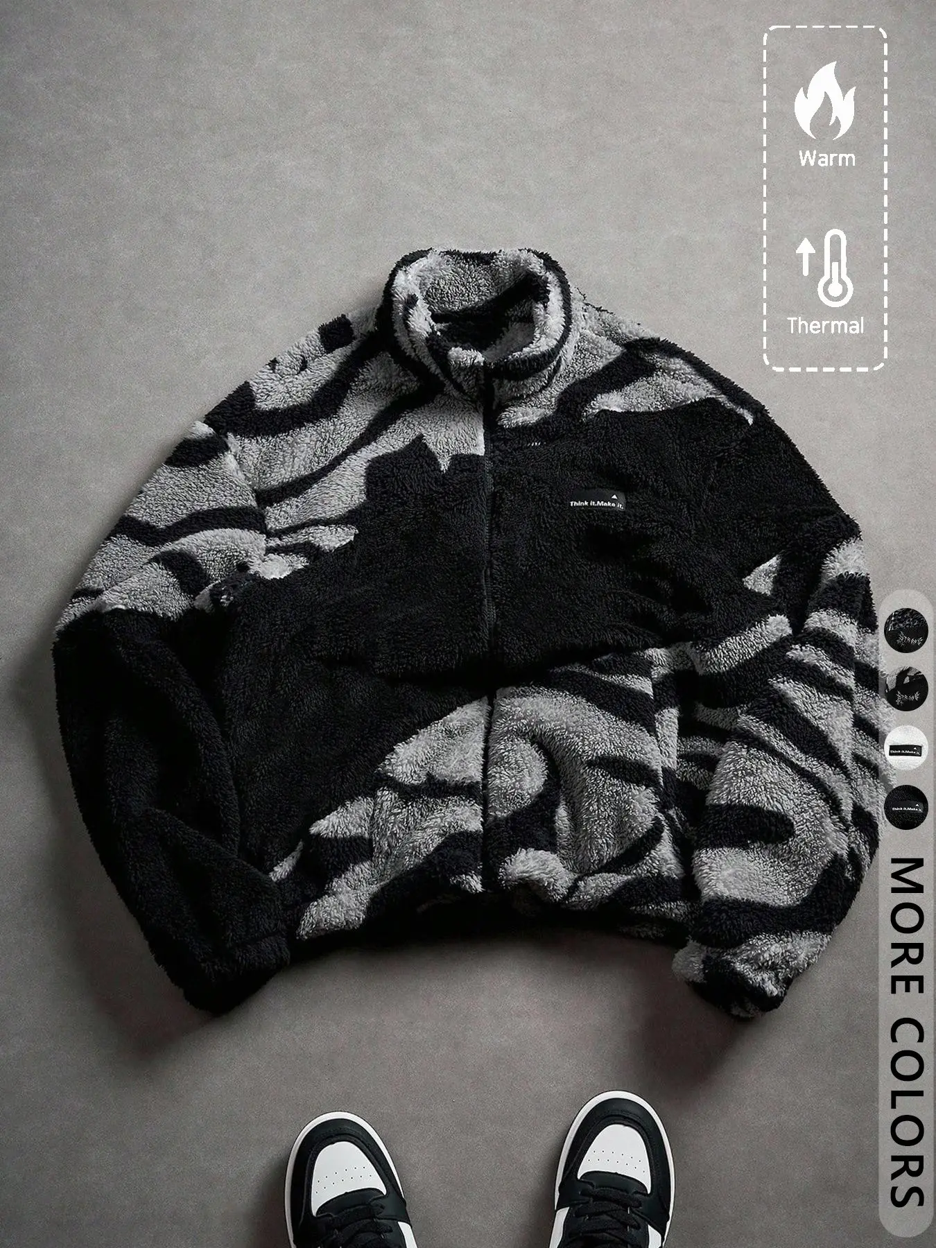 Unisex Y2K Style Leopard Print Letter Badge Streetwear Camo Colorblock Fleece Jacket, Fall & Winter Warm Coat, High Street Culture Gift