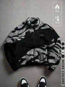 Unisex Y2K Style Leopard Print Letter Badge Streetwear Camo Colorblock Fleece Jacket, Fall & Winter Warm Coat, High Street Culture Gift