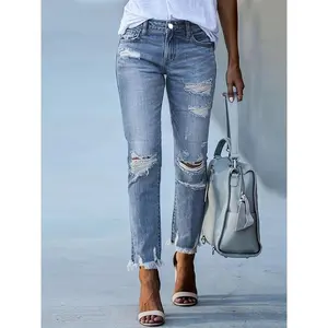 Women's Stretchy Ripped Cropped Jeans - Street Style, Mid-Rise, High-Elasticity Denim with Raw Hem