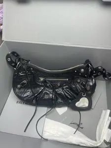 Pre-owned Balenciaga Le Cagole XS Black Arena Lambskin Shoulder Bag Aged Silver Hardware Rhinestone Studs ximu
