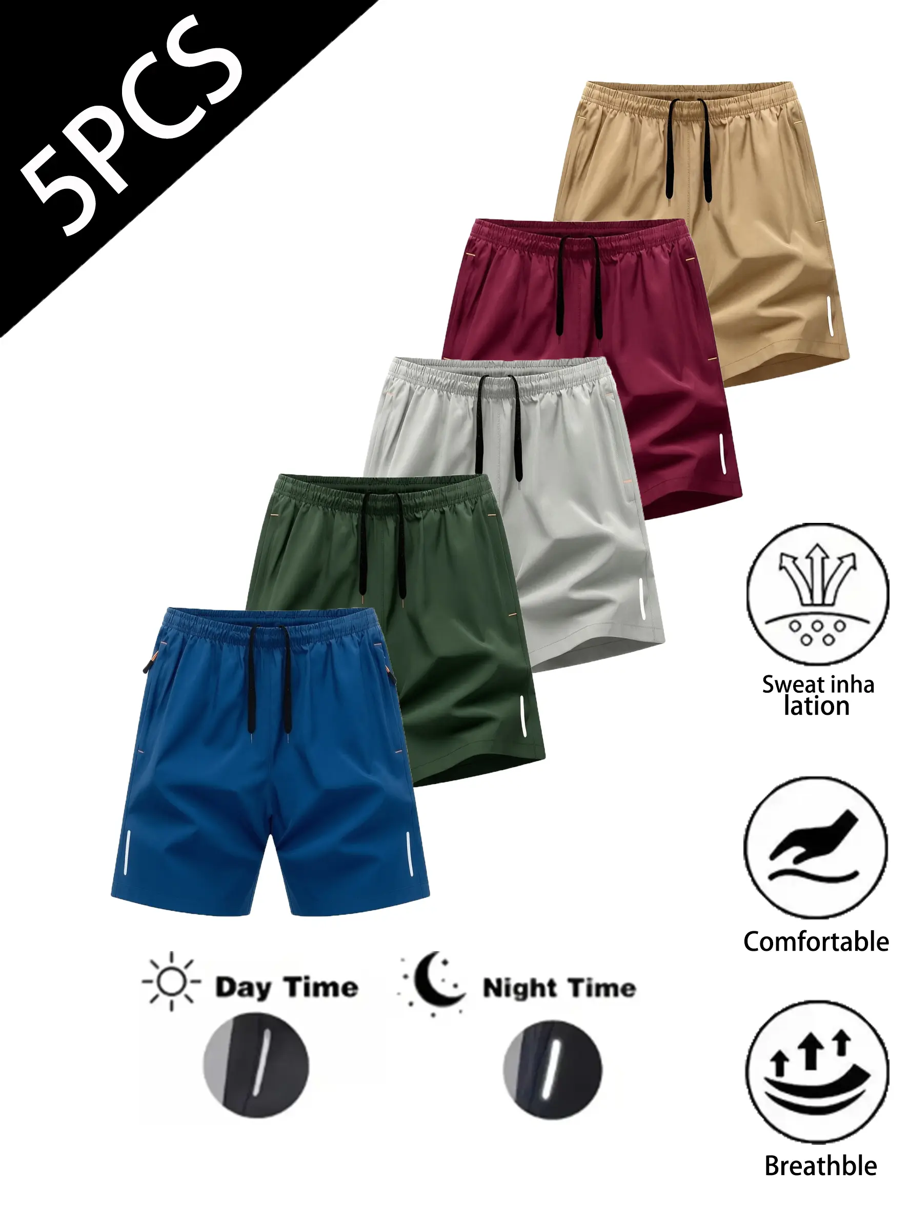 Men’s shorts 5-pack, drawstring waist adjustment, breathable quick-dry shorts, multi-pack deal, menswear, summer shorts