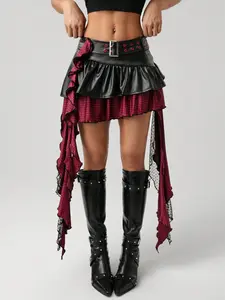 ICON Punk Mini Skirt PU Leather Plaid Asymmetric Hem Belt Edgy Streetwear Night Outfit