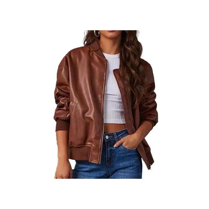 Ember Brown Leather Bomber Jacket - 100% Real Leather with Rib Knitted Waist, Collar & Cuffs