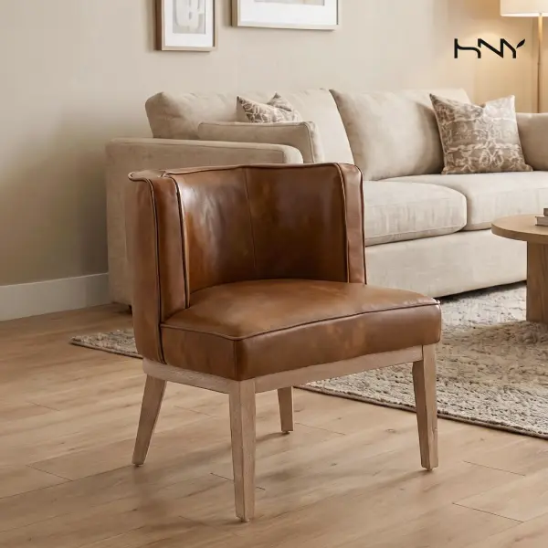 HNY Brown Leather Barrel Chair - Comfy Round Arm Accent Chair with Wood Legs for Living Room, Bedroom & Reading Nook