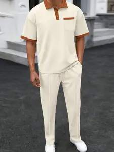 Men's Full Size Waffle-Knit Contrast Polo and Pants Set Plus Size
