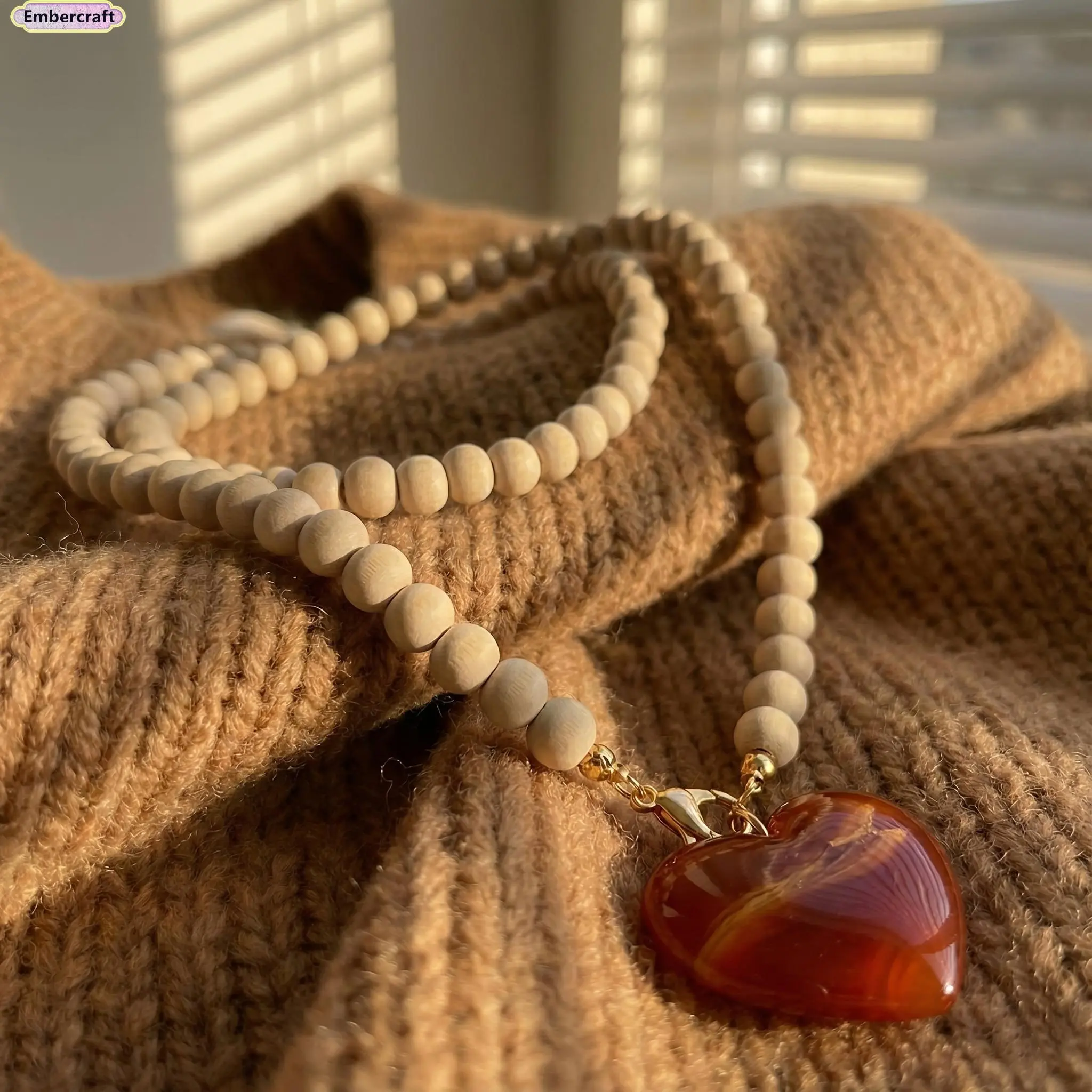 Women's Vintage Boho Wood Bead Chain Necklace with Amber Heart Pendant, Layered Ethnic Sweater Chain, Necklaces for Women, Daily Wear & Gift Option, Bead Chain Necklaces