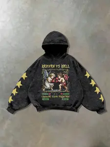 Men's Hooded Sweatshirt, Heaven Vs Hell Angel Demon Print, Vintage Distressed Style, Comfortable Versatile Fit, Streetwear Party Fashion