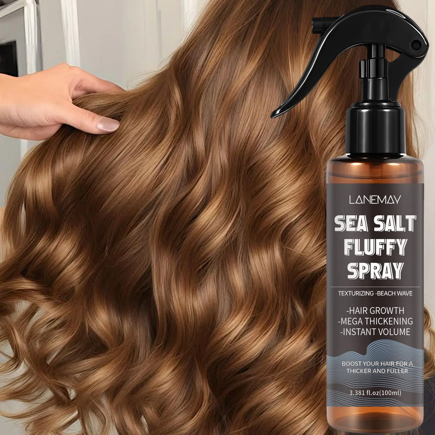 100ml Sea Salt Fluffy Volumizing Spray, Textured Beach Wave Styling, Texturizing Product, Reduces Frizz, Provides Texture Hold, Non-Greasy, Non Sticky Texture, Lightweight, Adds Volume, Thicker, Suitable for All Hair Types