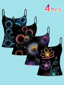 Neon Fluorescent Floral Print Strappy Top, Cyberpunk Slim-Fitting Shirt, 4-Piece Set, Casual Style, All over Print, Fashionable Clothing