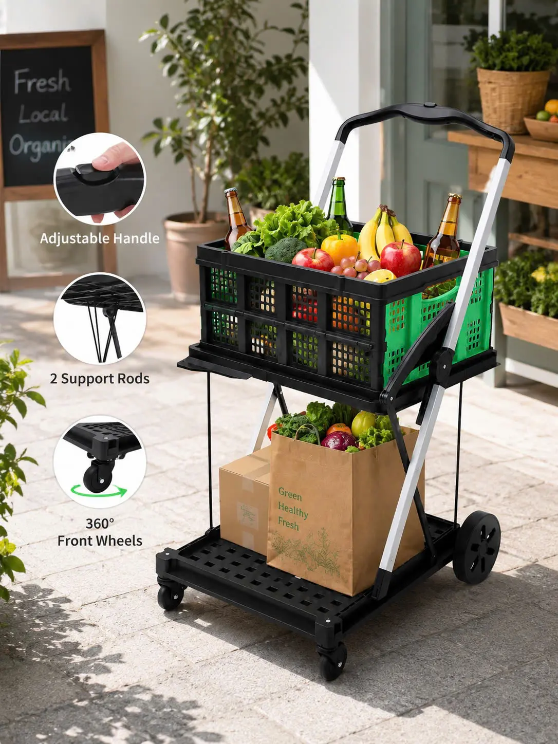 Foldable 2-Tier Shopping Cart with Wheels, 198 lb Capacity Aluminum Utility Cart with Removable Collapsible Crate, 360° Swivel Wheels, Green
