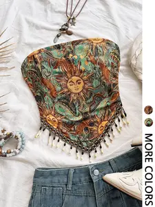 Women's Boho Sunprint Tank Top, Fitted All-Over Print, Short Sleeve, Without Button or Collar, Ideal for Summer & Casual Wear