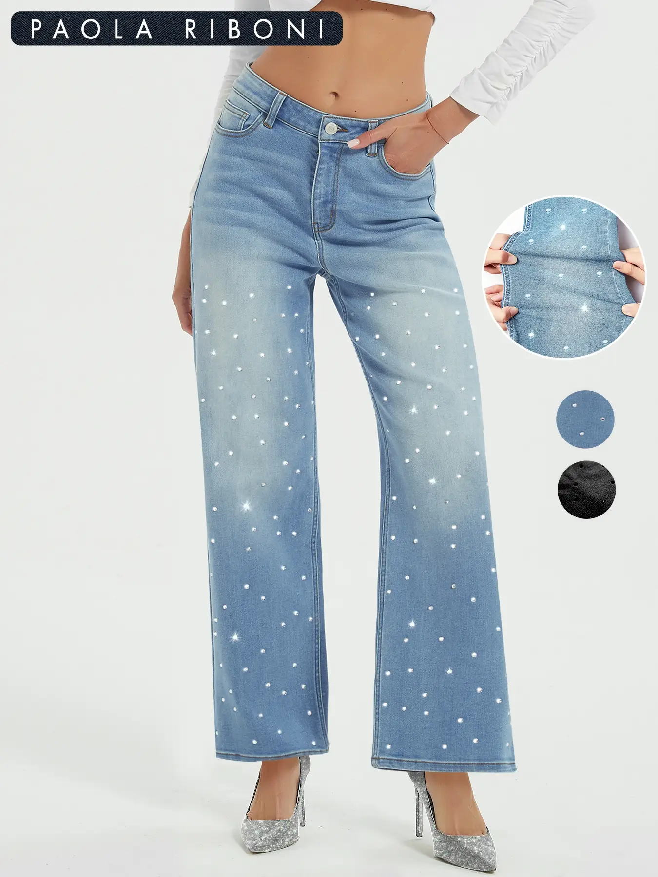 Women's Rhinestone Decor Patched High Waist Stretchy Jeans, Fashion Casual Pocket Button Straight Leg Denim Trousers for Daily Outdoor Wear, Women Den