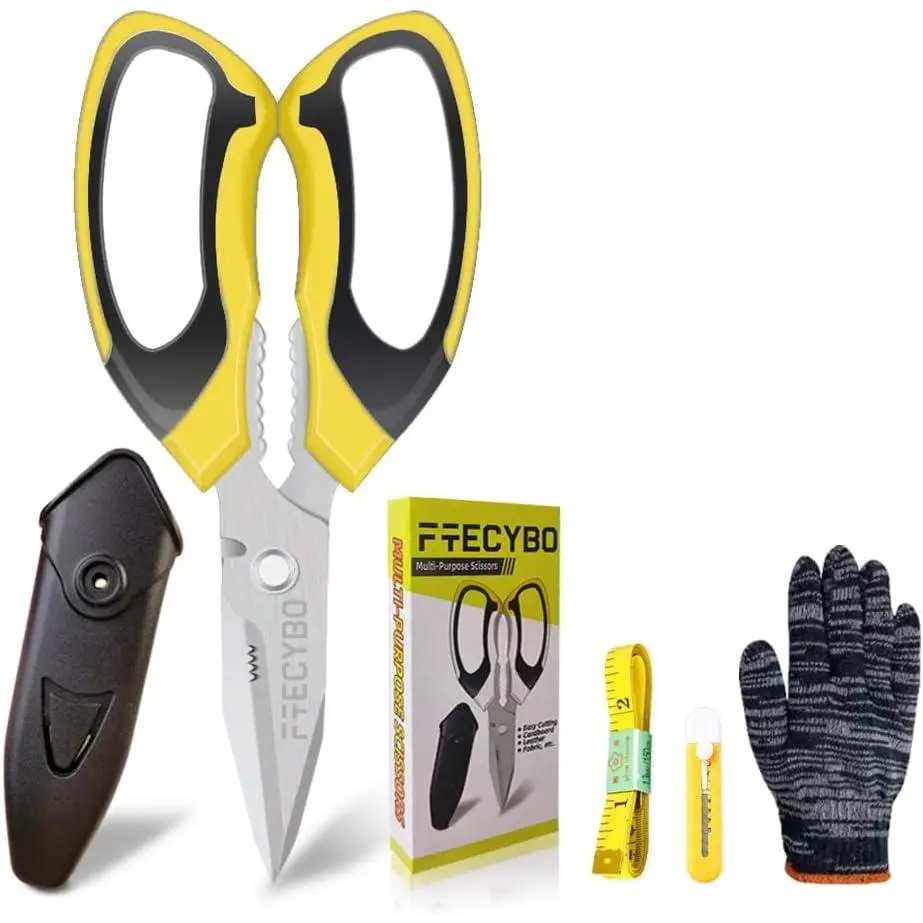 Scissors Heavy Duty 8'', Carpet Scissors, Multipurpose Scissors with Protective Cover, Stainless Steel Serrated Blades, Easy Cutting Cardboard, Leather, Fabric, Wires, Nutcracker, Yellow